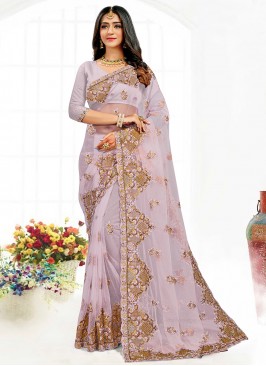 Lavender Embroidered Net Classic Saree