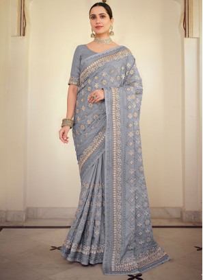 Lavender Georgette Satin Embroidered Traditional Saree