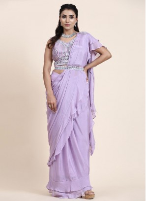 Lavender Mirror Chiffon Designer Saree