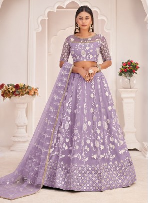 Lavender Net Wedding A Line Lehenga Choli