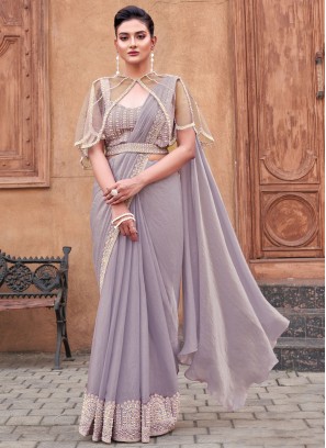 Lavender Satin Silk Zari Traditional Saree