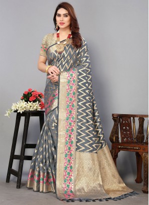 Lavish Silk Grey Jacquard Work Trendy Saree