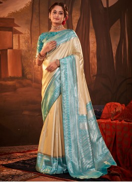 Lavish Weaving Kanchipuram Silk Blue and Cream Classic Saree