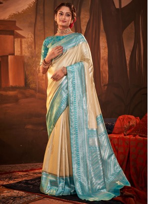 Lavish Weaving Kanchipuram Silk Blue and Cream Classic Saree