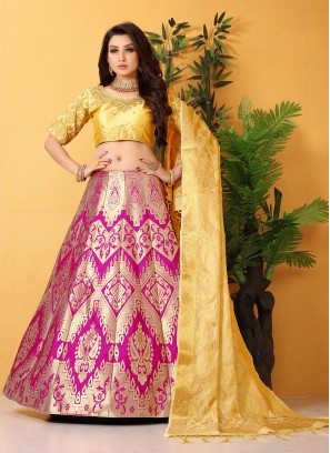 Lehenga Choli Embroidered Banarasi Silk in Pink and Yellow