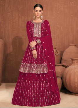 Lehenga Choli Embroidered Pure Georgette in Rani