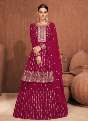 Lehenga Choli Embroidered Pure Georgette in Rani