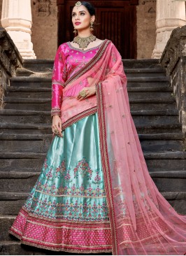 Lehenga Choli Embroidered Satin in Blue