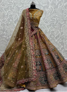 Lehenga Choli Embroidered Velvet in Mustard