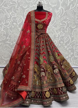 Lehenga Choli Embroidered Velvet in Red