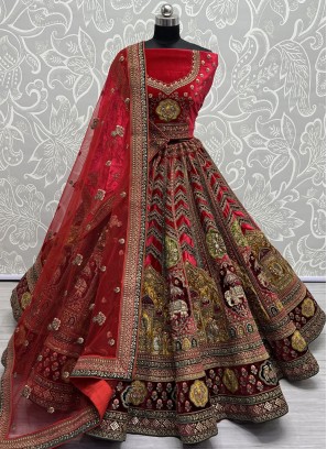 Lehenga Choli Embroidered Velvet in Red