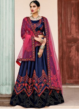 Lehenga Choli Patch Border Satin in Navy Blue