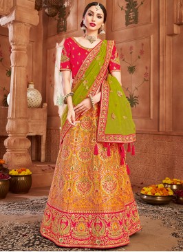 Lehenga Choli Resham Patola Silk  in Green and Orange