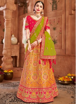 Lehenga Choli Resham Patola Silk  in Green and Orange