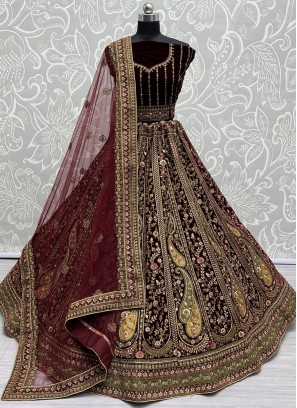 Lehenga Choli Thread Work Velvet in Maroon
