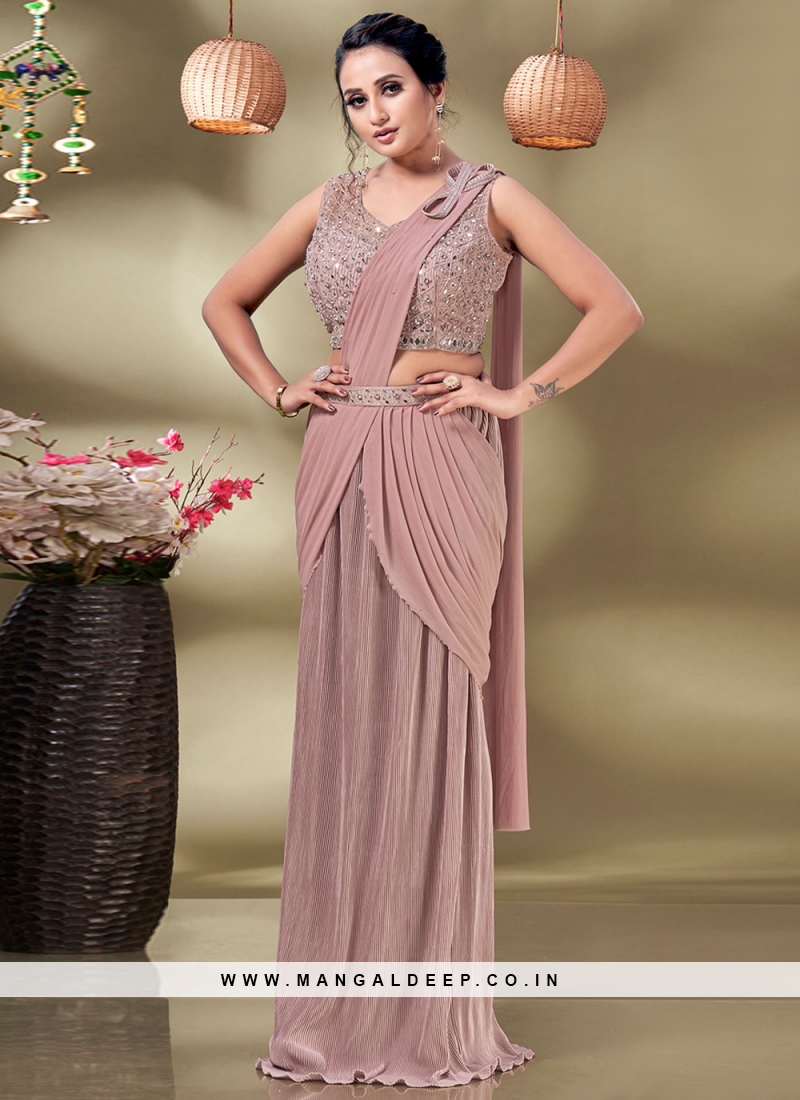 Buy Lehenga Style Saree Embroidered Net in Purple Online