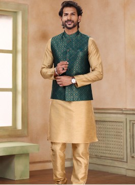 Green Jacquard Banarasi Silk 3-Piece Jacket Set with chikoo Churidar Bottom.