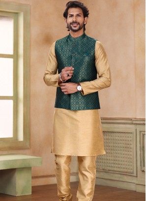 Green Jacquard Banarasi Silk 3-Piece Jacket Set with chikoo Churidar Bottom.