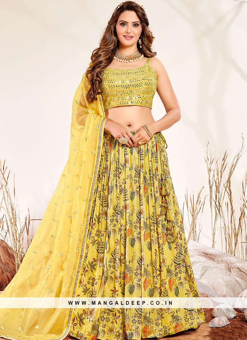 Buy Lemon Yellow Embroidered Lehenga Set In Knit Fabric With Net Cape