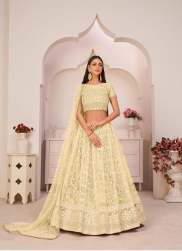 Lemon Yellow Colour Mono Net Embroidered Work Lehenga