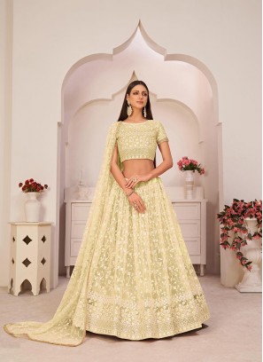 Lemon Yellow Colour Mono Net Embroidered Work Lehenga