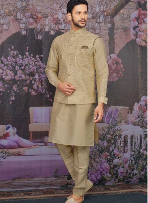 Light Beige Color Silk Mens Kurta With Jacket