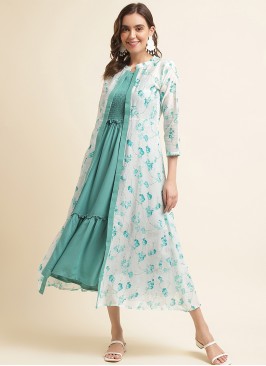 Light Blue Rayon Solid Dress with Printed Shrug.