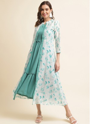 Light Blue Rayon Solid Dress with Printed Shrug.