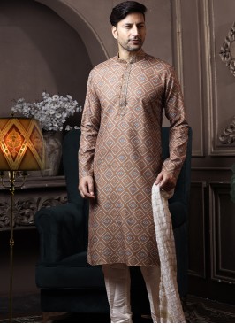 Light Brown Silk Kurta Pajama with Off White ArtSilk Trouser.