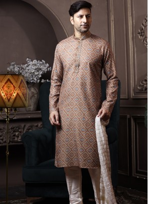 Light Brown Silk Kurta Pajama with Off White ArtSilk Trouser.