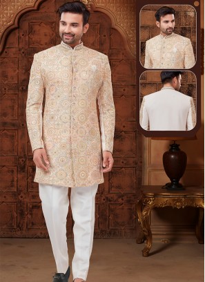 Cream Lucknowie whth Abla and Thread work Indo-Western Ensemble.