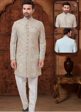 Sea Green and Off White Lucknowie whth Abla and Thread work Indo-Western Ensemble.