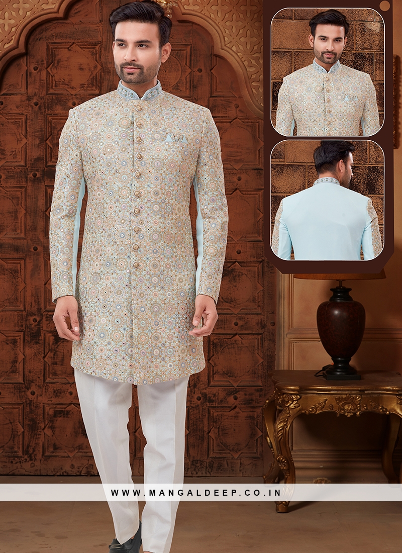 Sea Green and Off White Lucknowie whth Abla and Thread work Indo-Western Ensemble.
