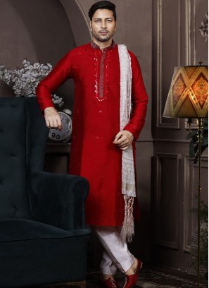 Red Silk Kurta Pajama with Off-White PolySilk Trouser.