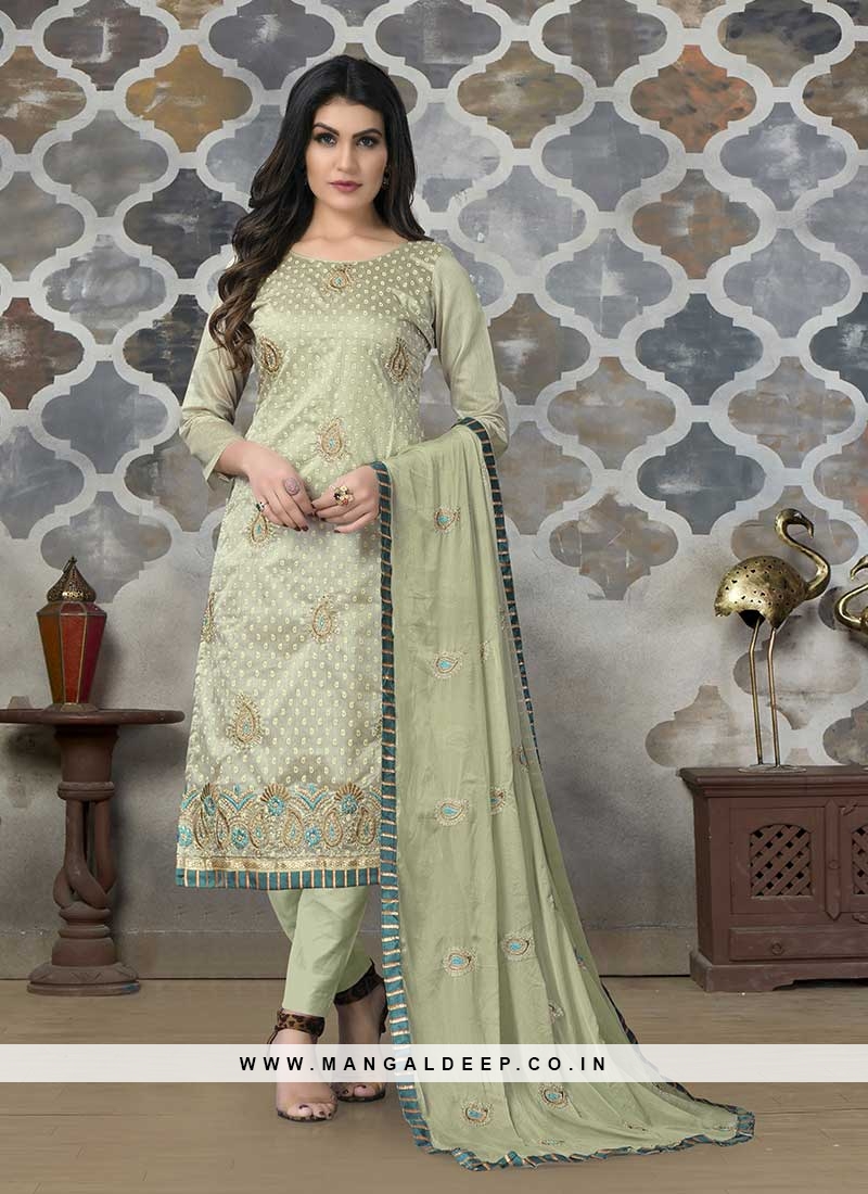 Light Green Color Chanderi Dress Material