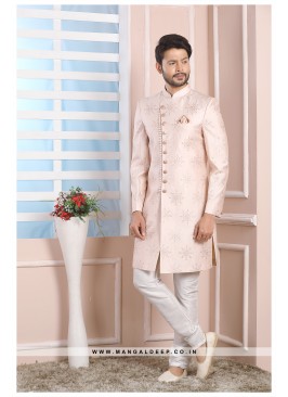 Light Pink Art Silk Wedding Wear Indo Western Sherwani