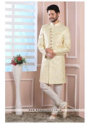 Yellow Art Silk Wedding Wear Indo Western Sherwani