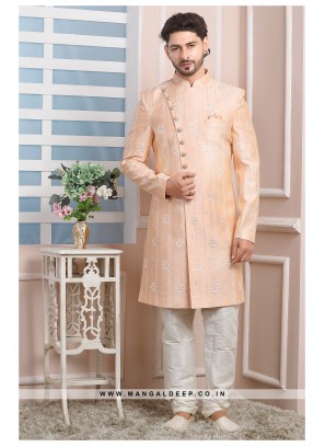 Peach Art Silk Wedding Wear Indo Western Sherwani