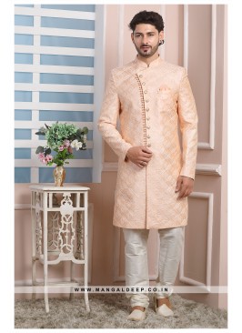 Peach Art Silk Wedding Wear Indo Western Sherwani