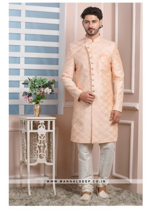 Peach Art Silk Wedding Wear Indo Western Sherwani