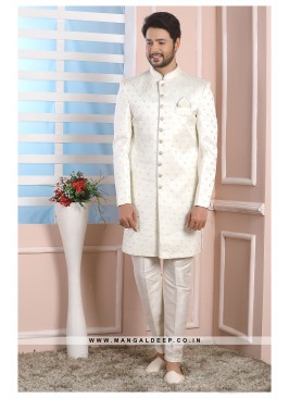 Cream Art Silk Wedding Wear Indo Western Sherwani