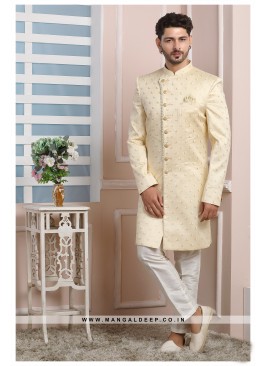 Gold Art Silk Wedding Wear Indo Western Sherwani