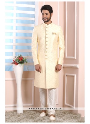 Cream Art Silk Wedding Wear Indo Western Sherwani