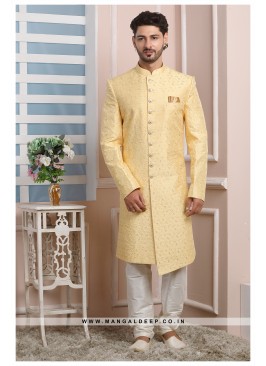 Yellow Art Silk Wedding Wear Indo Western Sherwani