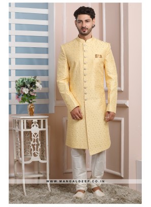 Yellow Art Silk Wedding Wear Indo Western Sherwani