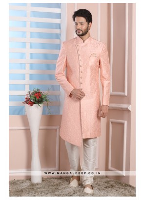 Pink Art Silk Wedding Wear Indo Western Sherwani