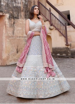 Light Grey Georgette Lehenga with Embroidery and H