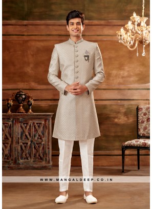 Light Grey Navabi Indo Western Embroidered Art Banarasi Silk Sherwani with Art Silk Aligadhi Bottom.