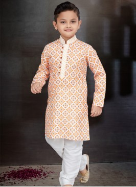 Orange Elegance: Boys' Kurta and Trouser Set.