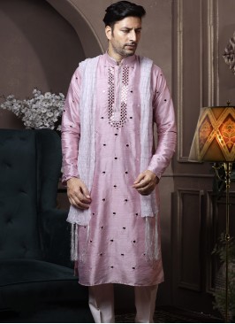 Light Pink Silk Kurta Pajama with Off-White PolySilk Trouser.